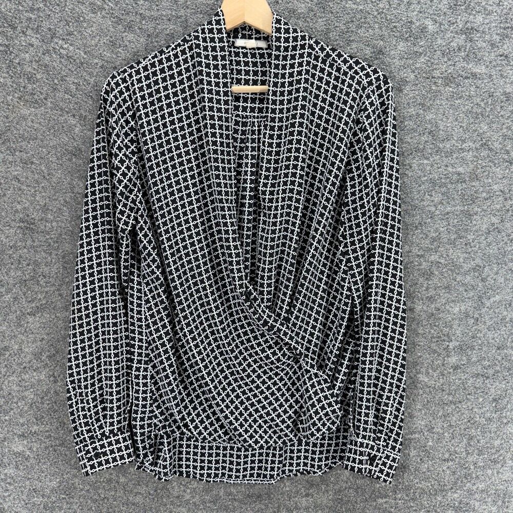 Pleione Blouse Women L Large Black Plaid V-Neck Long Sleeve Pullover Casual